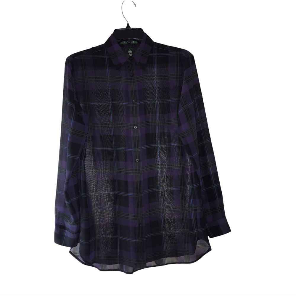 Lauren Ralph Lauren Purple Black Plaid Sheer Long Sleeve Button Shirt S
